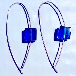 Elegant Blue Square Bead Silver Earrings
